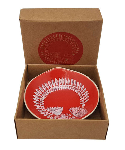 Jo Luping Design - White Fantail & Pohutukawa on Red - 7cm Porcelain Bowl