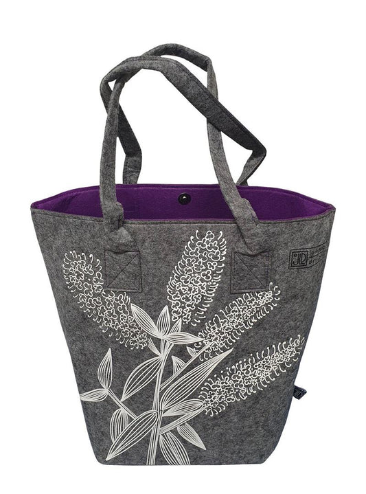 Jo Luping Design - White Koromiko Grey & Purple - Ecofelt Shoulder Tote Bag