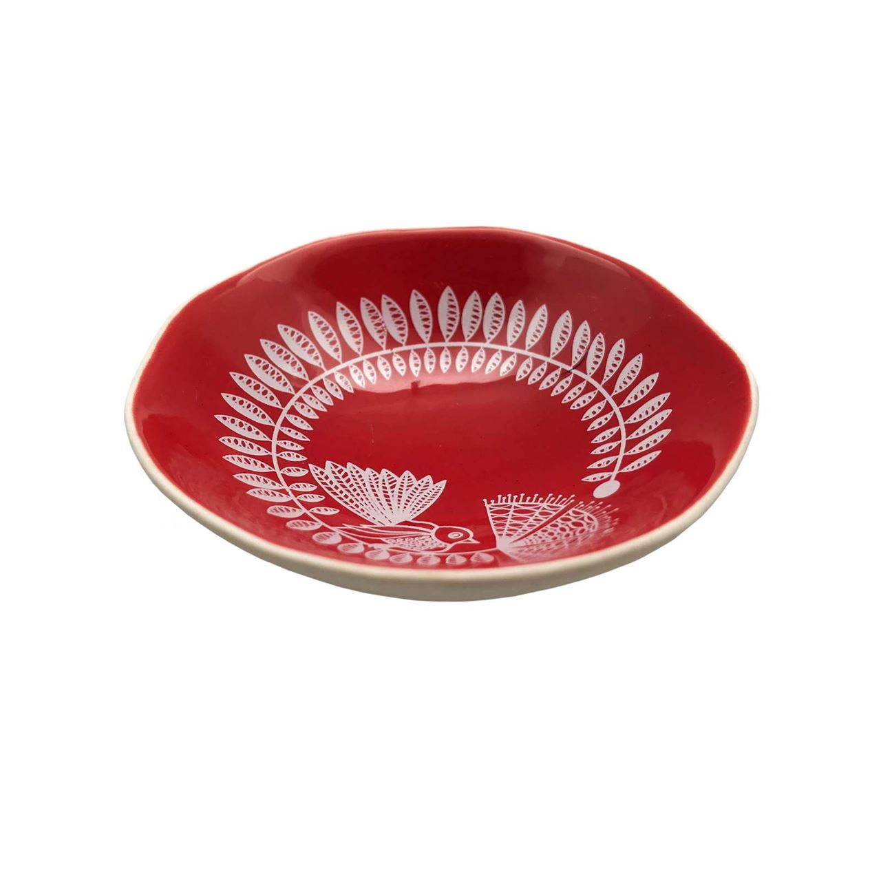 Jo Luping Design - White Fantail & Pohutukawa on Red - 7cm Porcelain Bowl